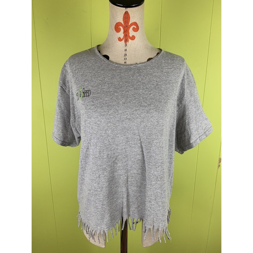 Gildan Women Gray Fringed Boho T-Shift Top Sz L Round Neck Short Sleeve Seamless